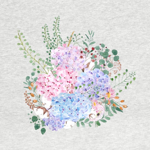 pink blue purple hydrangea flowers watercolor arrangement by colorandcolor